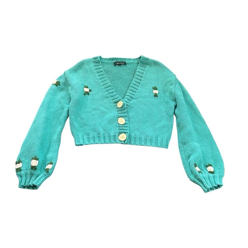 4SI3NNA Tegan 3D Floral Knit Crop Cardigan Sweater Teal Kawaii Fairycore Small